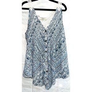 Guess Los Angeles XS Blue White Crochet Sleeveless Tank Top Button Front V Neck